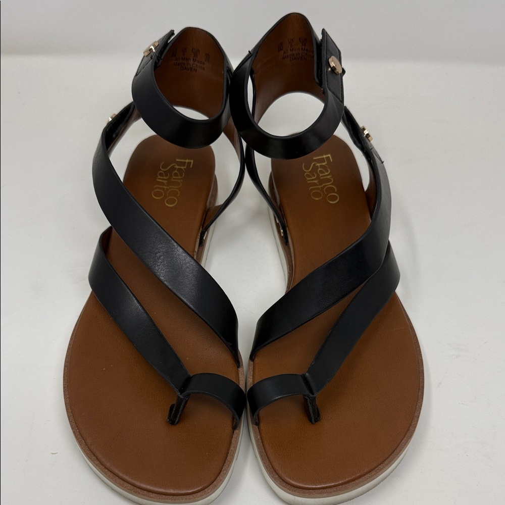 Franco Sarto Black and Brown Ankle-Strap Leather Sandals